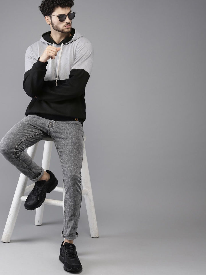 Campus Sutra Men Black & Grey Colourblocked Hooded Sweatshirt