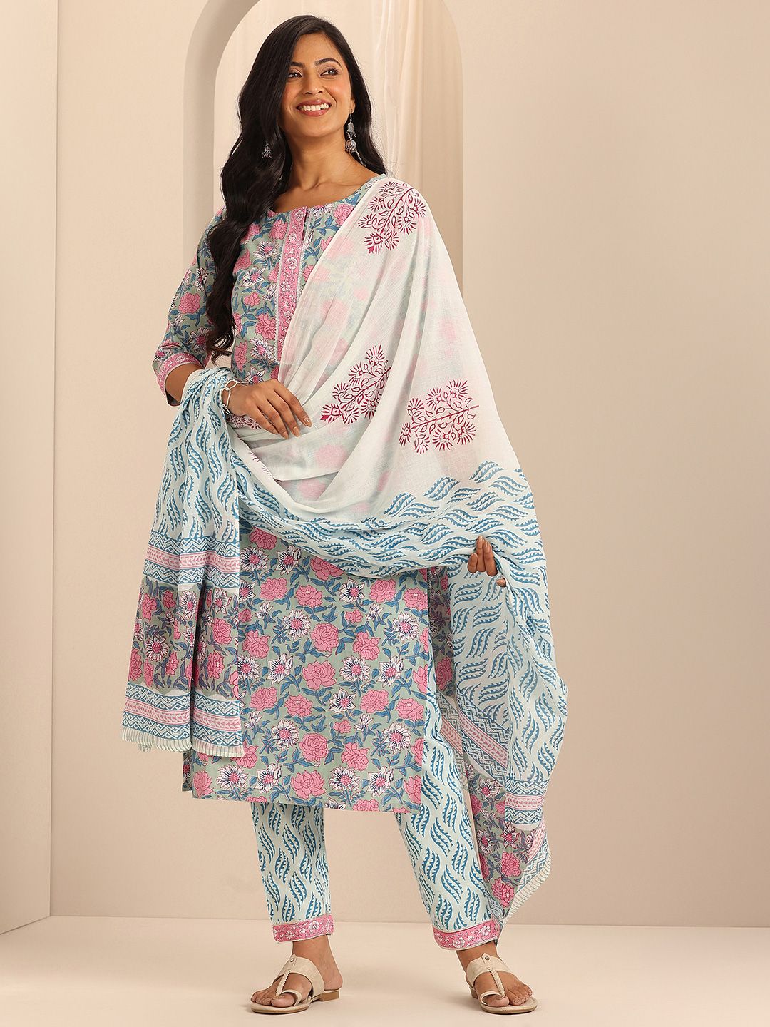 Libas Printed Regular Gotta Patti Pure Cotton Straight Kurta with Trousers & Dupatta