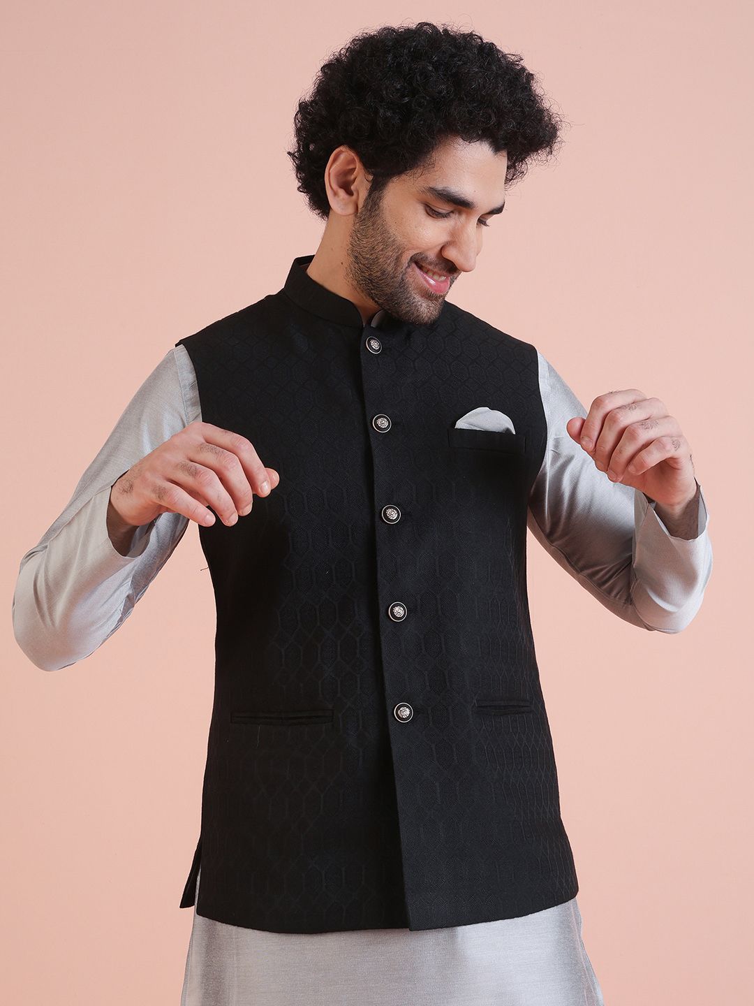 KISAH Men Woven Jacquard Regular Fit Ethnic Motifs Nehru Jacket
