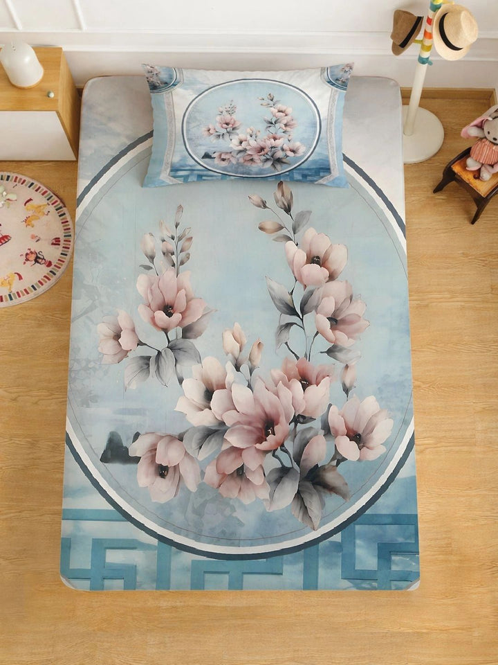 Moda Rapido X KLOTTHE Blue & Pink Floral 400 TC Single Bedsheet with 1 Pillow Covers