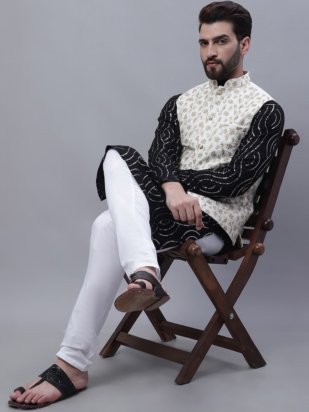 SOJANYA Embroidered Sequined Pure Cotton Kurta With Churidar With Nehru Jacket