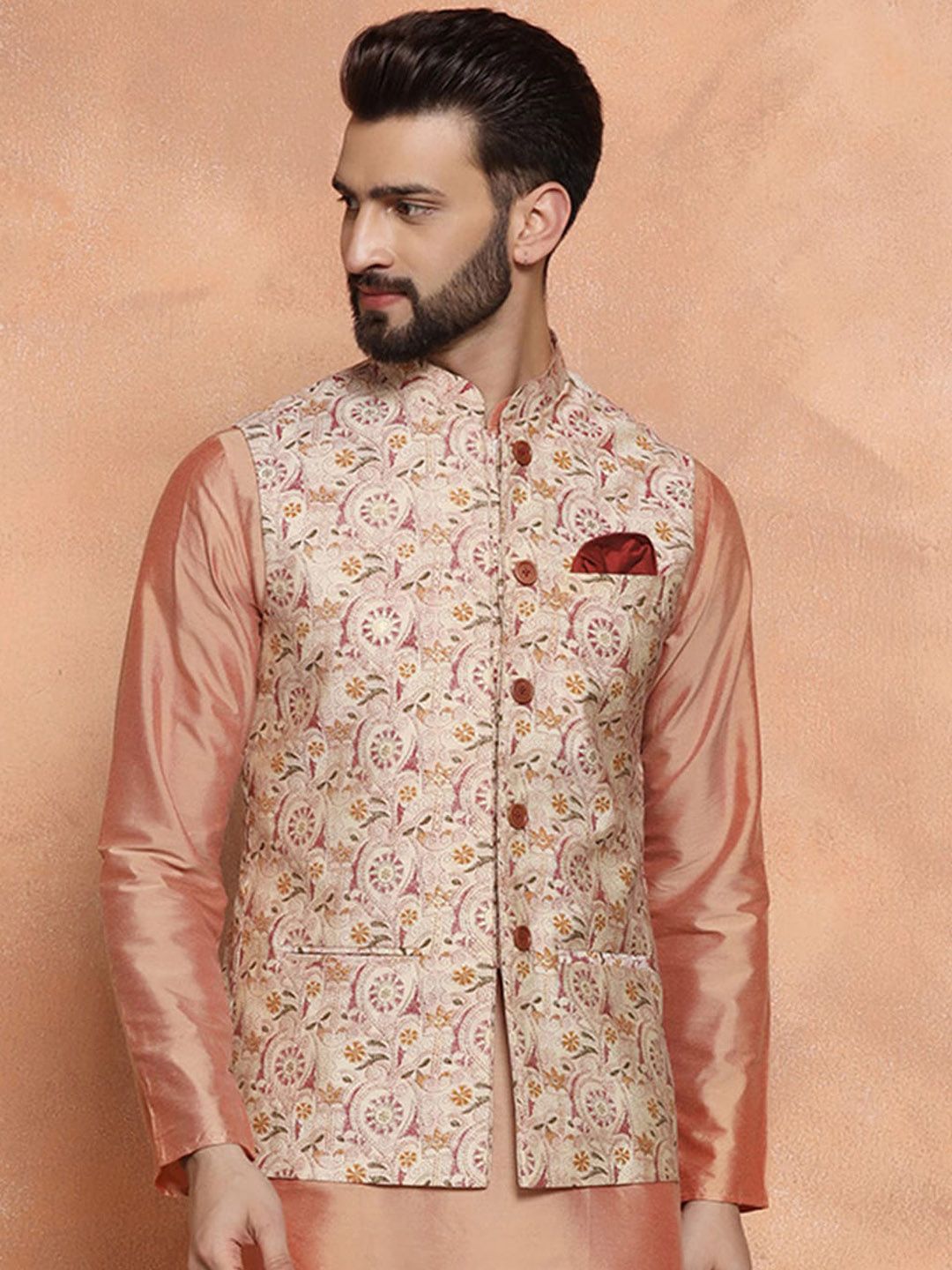 KISAH Printed Nehru Jackets With Pocket Square