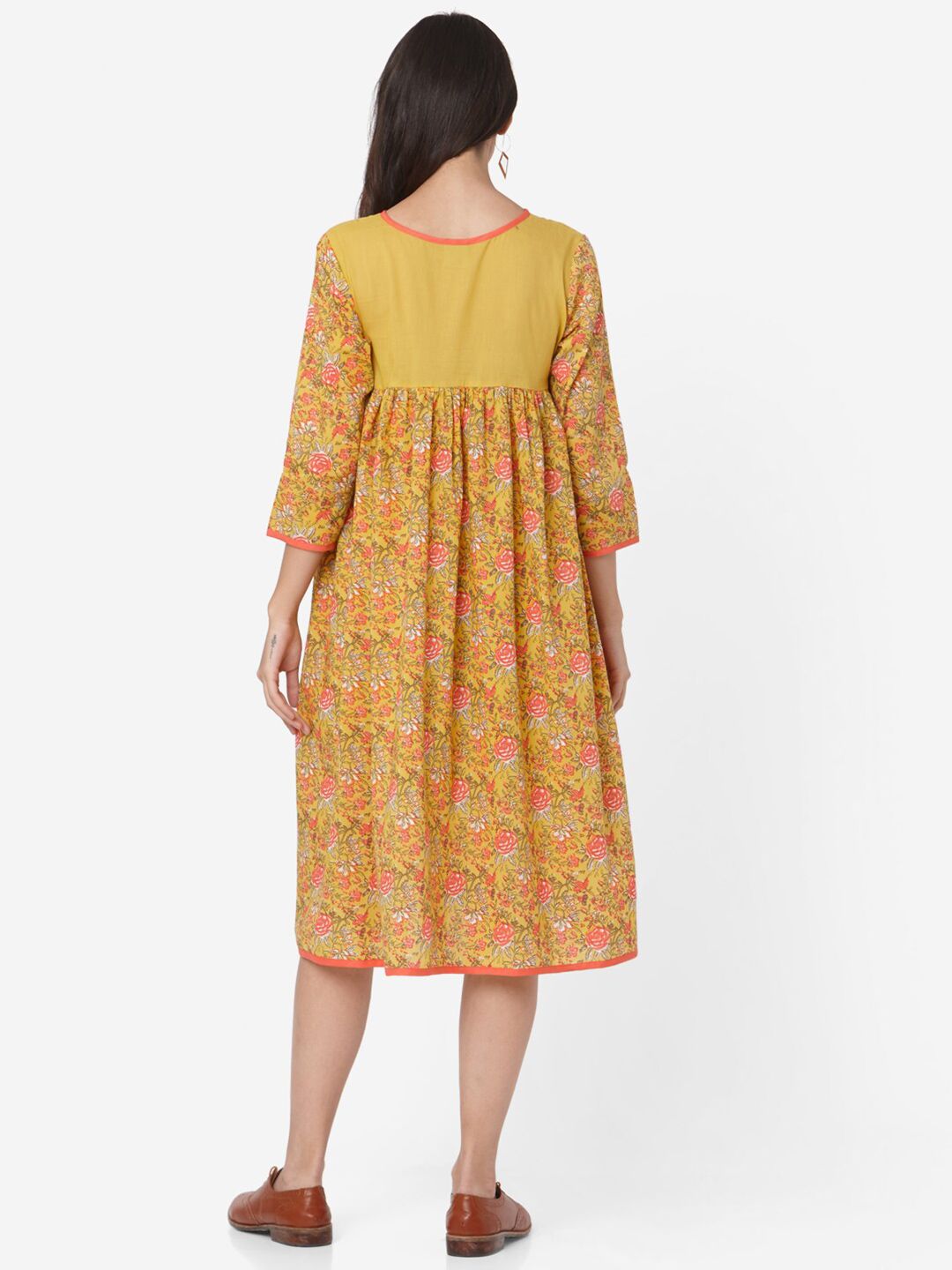 KALINI Floral Printed Three-Quarter Sleeves Cotton A-Line Dress
