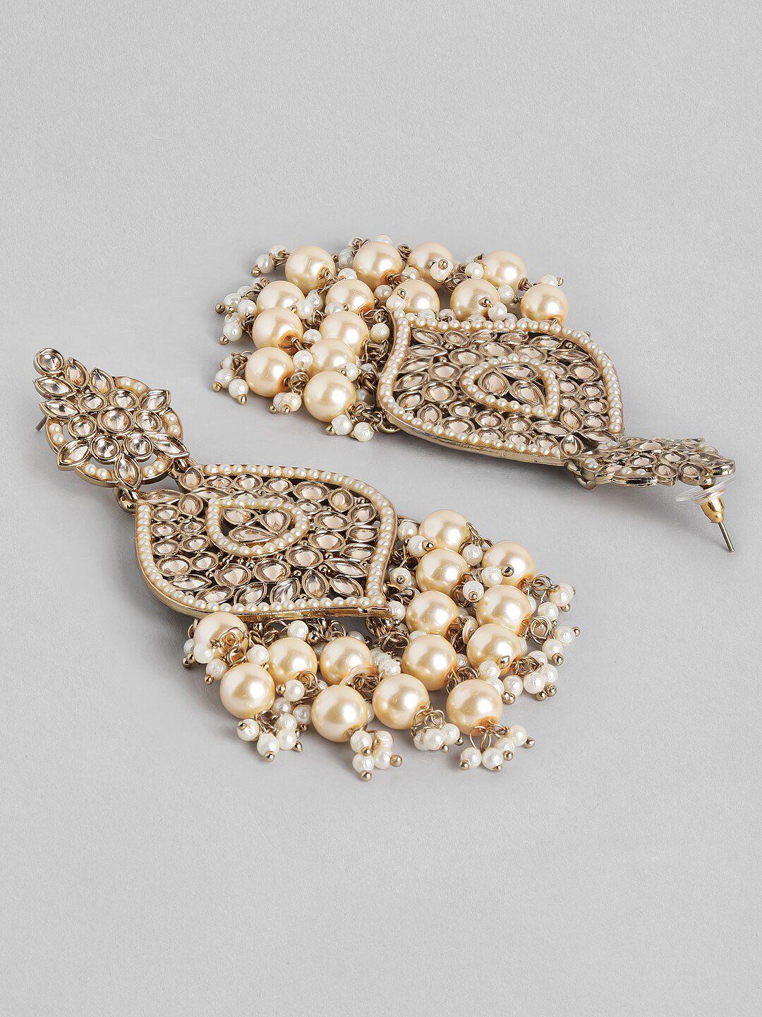 Rubans 18K Gold-Plated Kundan & Glosssy Off-White Pearl Beaded Chandelier Earrings