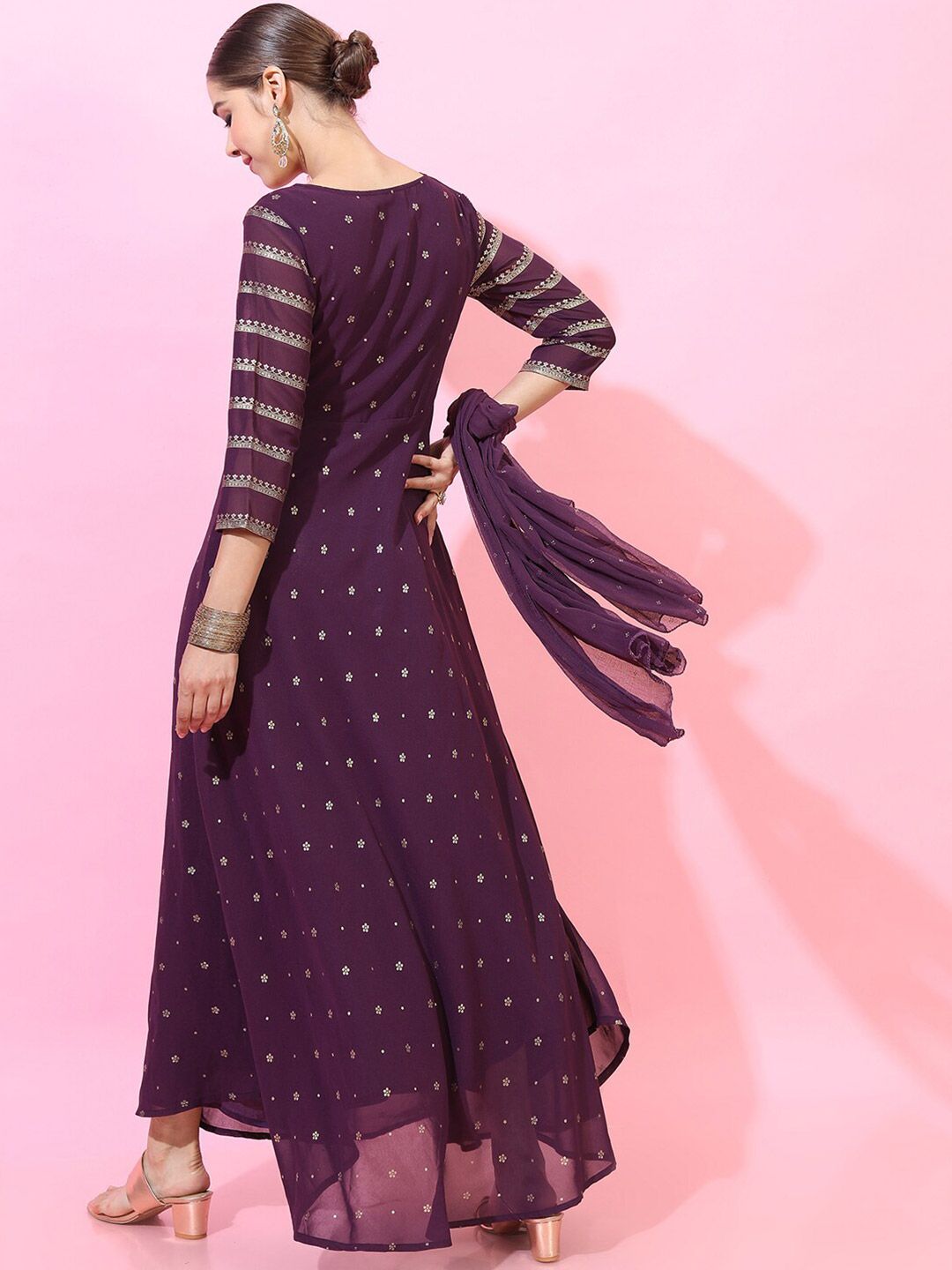 Vishudh Women Purple Printed Maxi Dress With Dupatta