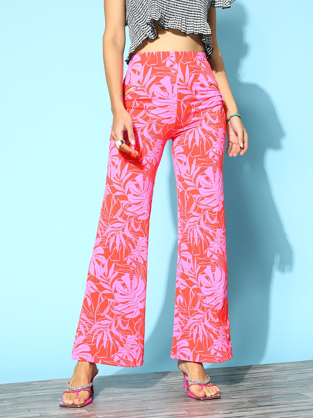 Berrylush Women Red Floral Printed Flared High-Rise Trousers