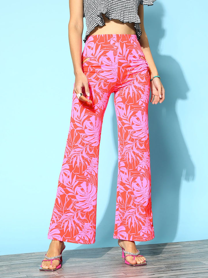 Berrylush Women Red Floral Printed Flared High-Rise Trousers