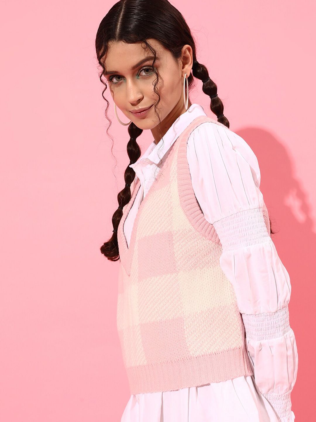 STREET 9 Women Pink & White Checked Acrylic Sweater Vest