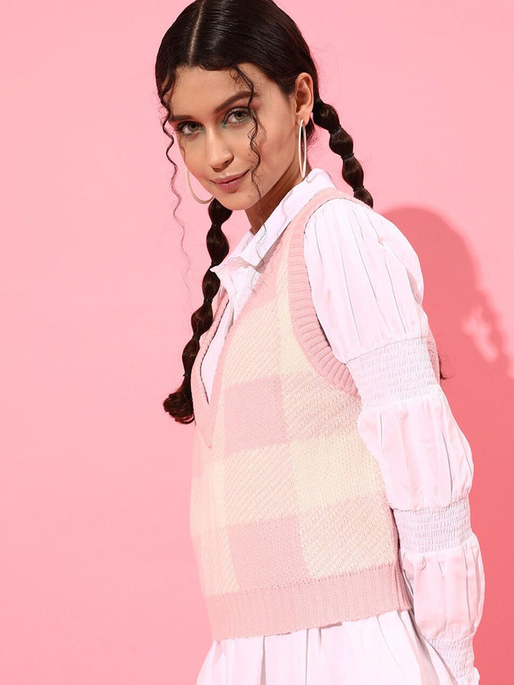 STREET 9 Women Pink & White Checked Acrylic Sweater Vest