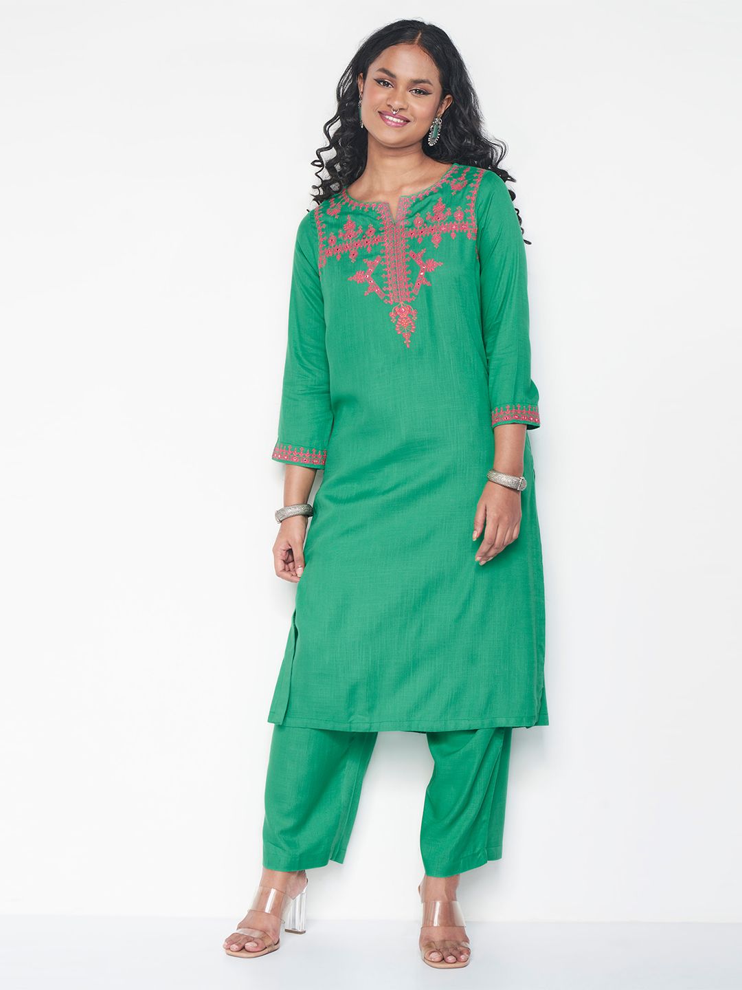 Global Desi Ethnic Motifs Embroidered Straight Kurta With Trouser