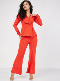 SASSAFRAS Self Design V-Neck Puff Sleeves Peplum Top With Trousers