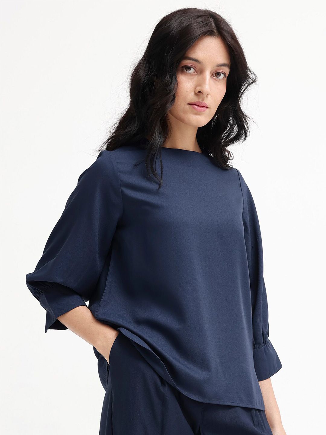RAREISM Round Neck Cuffed Sleeves Styled Back Top