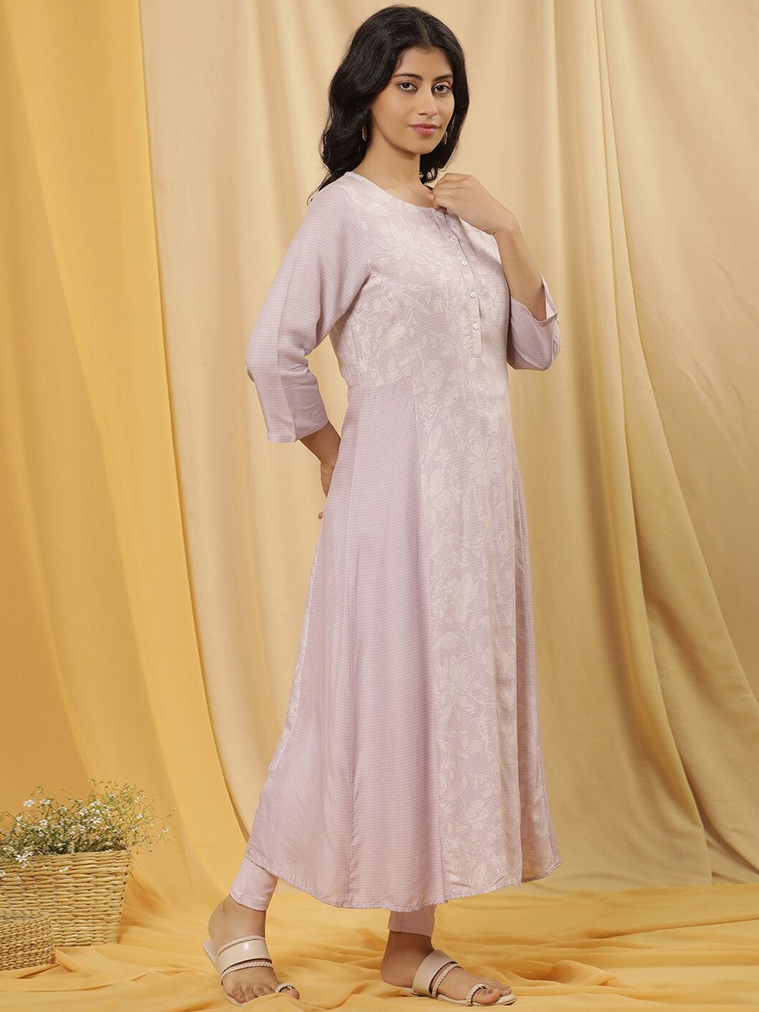 W Floral Printed Round Neck A-Line Kurta With Legging