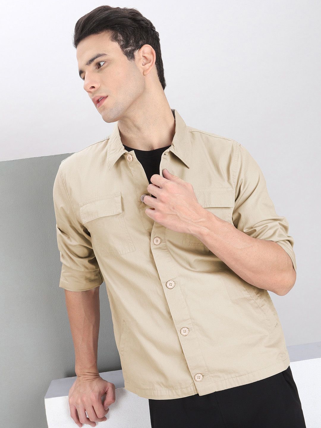 The Indian Garage Co Men Utililty Regular Fit Solid Shirt with Double flap Pocket