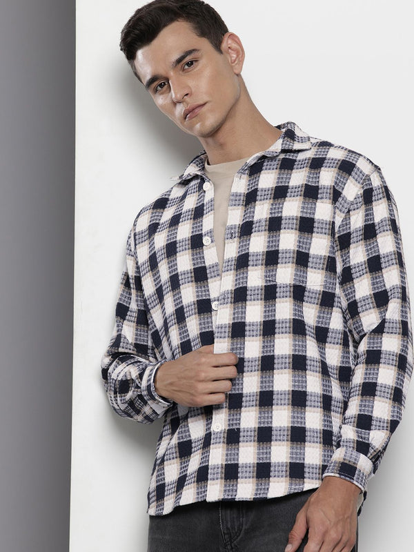 The Indian Garage Co Pure Cotton Textured Checked Drop-Shoulder Relaxed Casual Shirt
