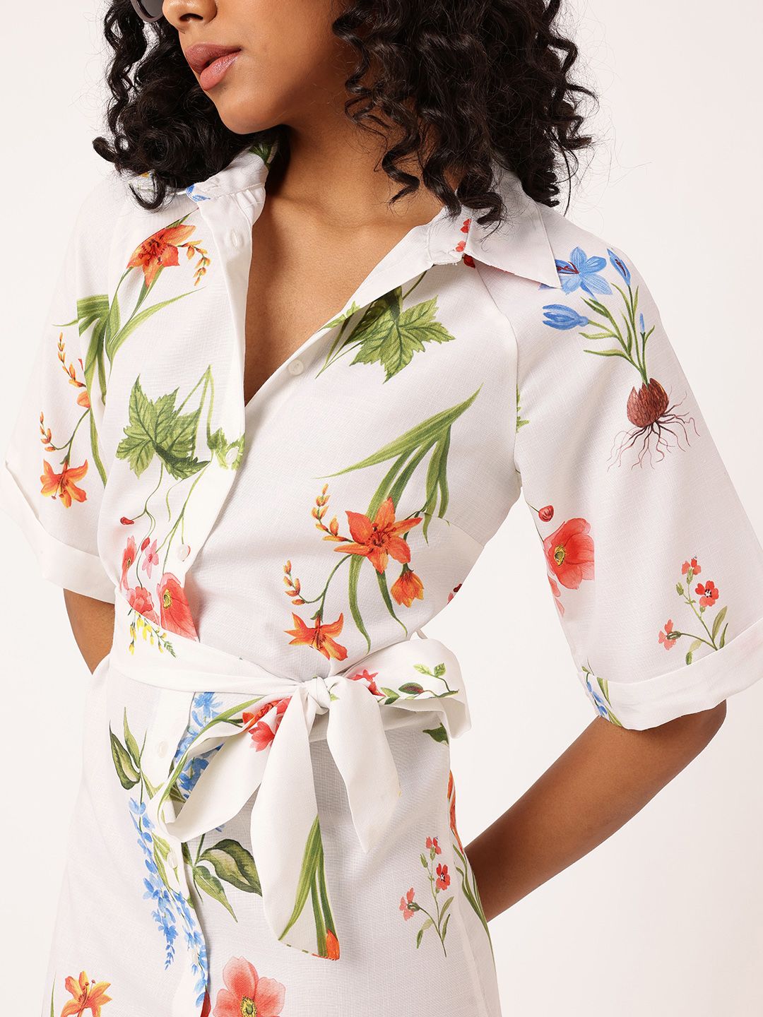 DressBerry Chic Charm Floral Printed Shirt Style Mini Dress With Waist Tie-Up
