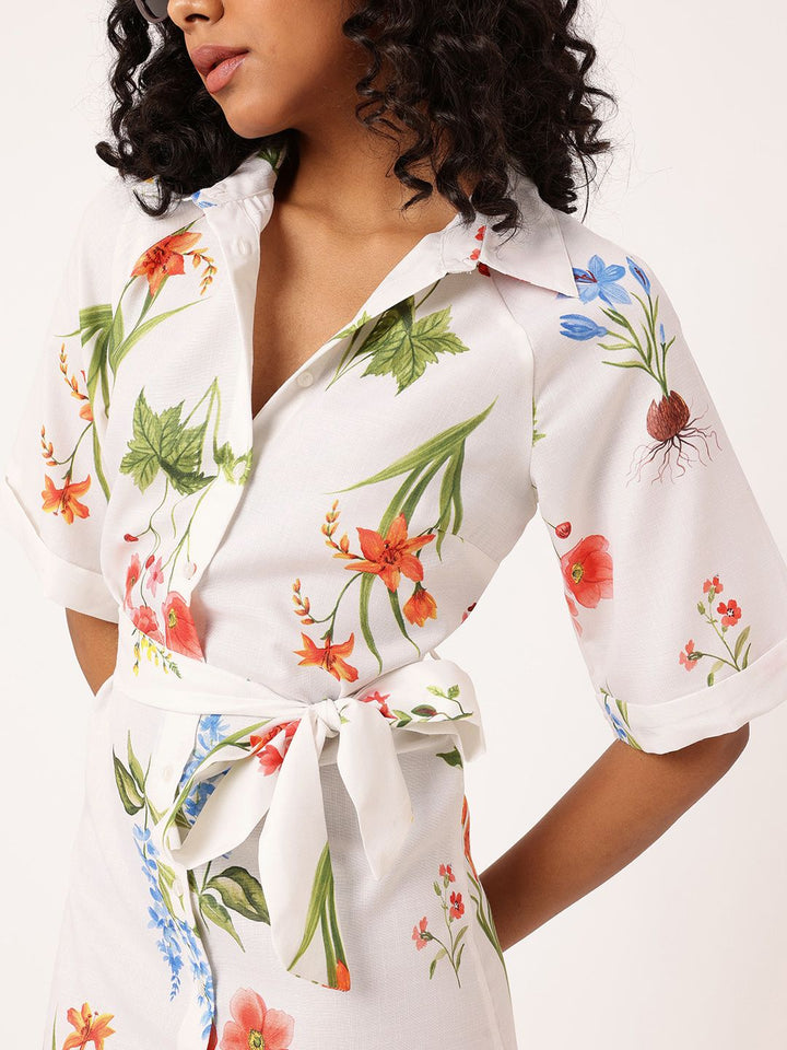 DressBerry Chic Charm Floral Printed Shirt Style Mini Dress With Waist Tie-Up