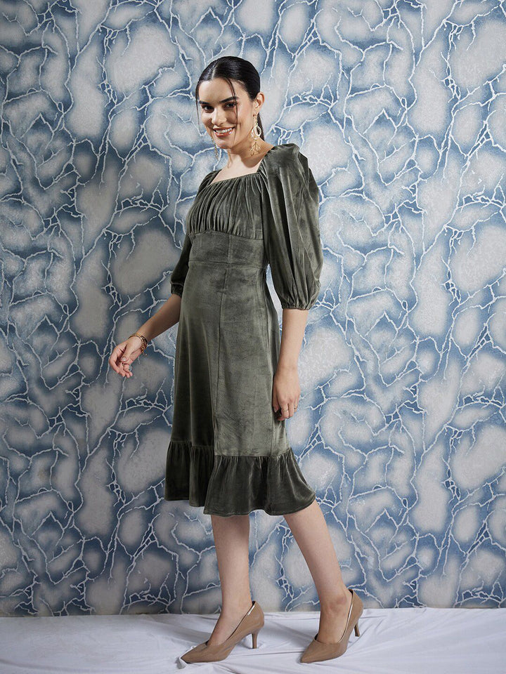 Athena Olive Green Square Neck Puff Sleeves Gathered Detailed Midi Sheath Dress
