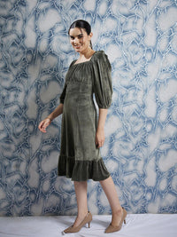 Athena Olive Green Square Neck Puff Sleeves Gathered Detailed Midi Sheath Dress