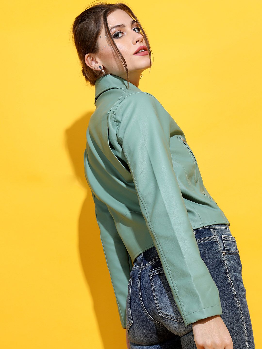 Tokyo Talkies Women Olive Green Crop Biker Jacket