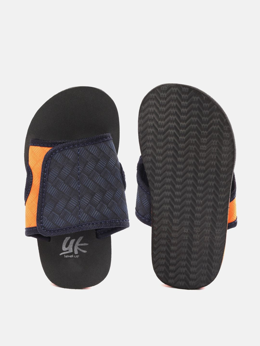 YK Boys Navy Blue & Orange Chevron Textured Sliders with Cut-Out Detail