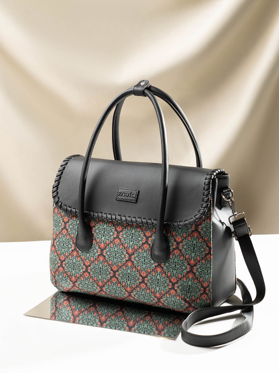 ZOUK Ethnic Motifs Printed Jute Structured Satchel