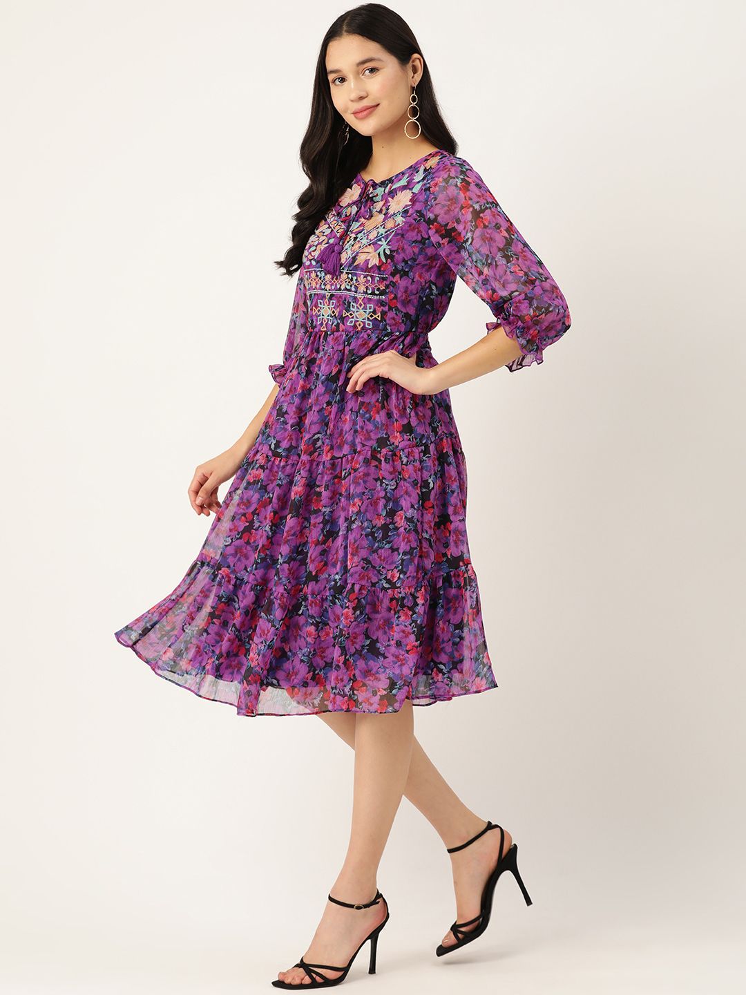 Antheaa Floral Print Tie-Up Neck Puff Sleeve Chiffon A-Line Dress