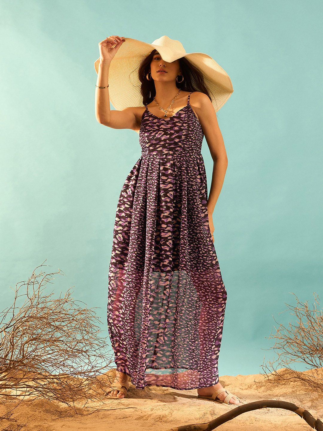 Berrylush Black Animal Printed Shoulder Straps Maxi Dress