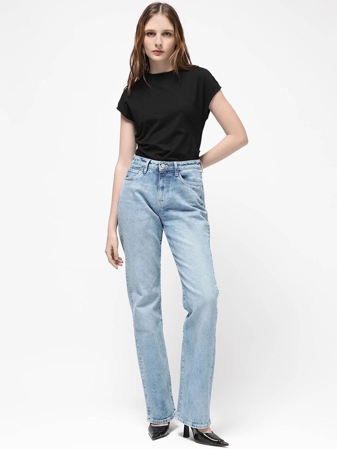 RAREISM Women Comfort Straight Fit High-Rise Clean Look Heavy Fade Cotton Jeans