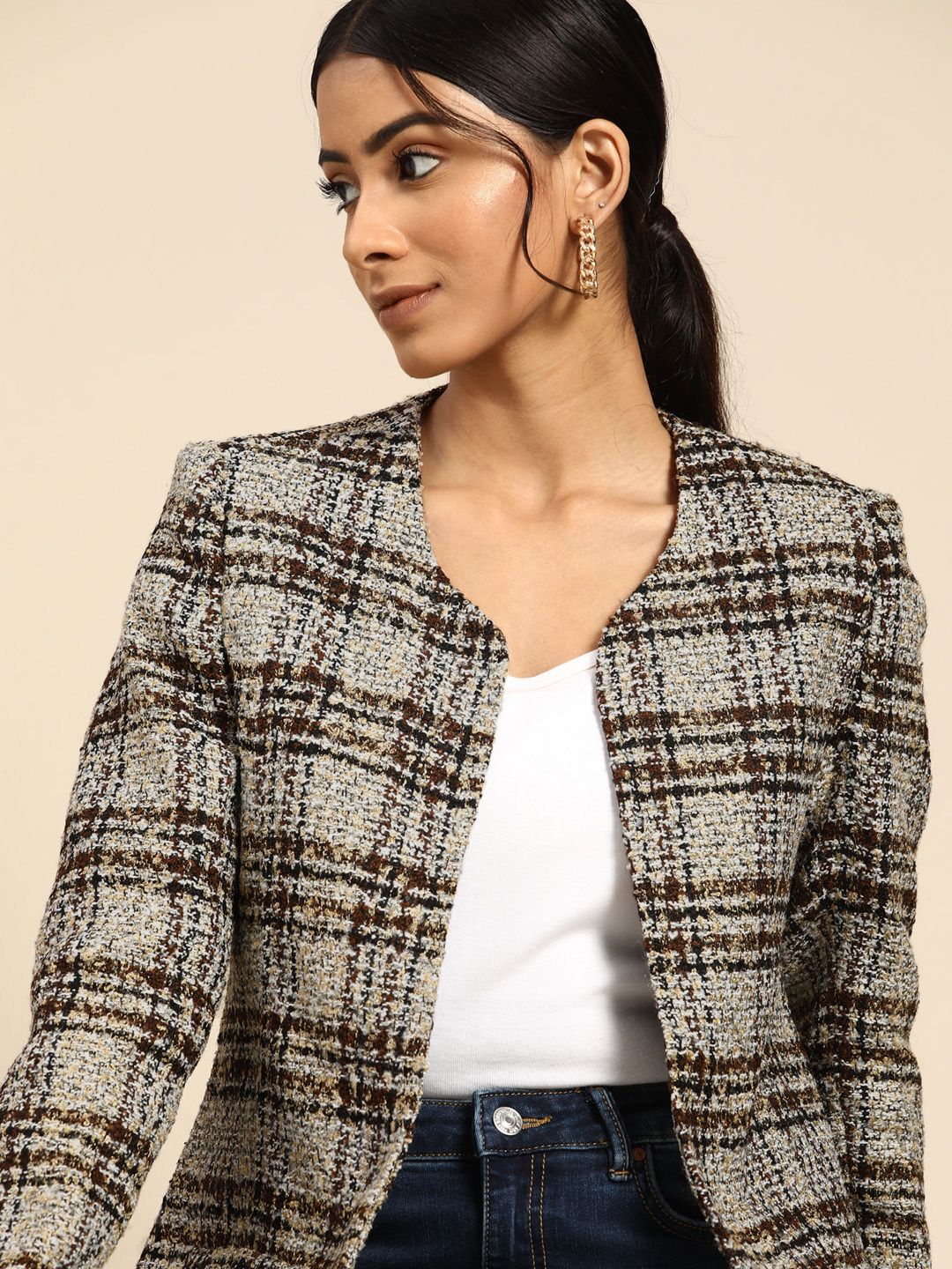 all about you Women Brown White Checked Open Front Jacket