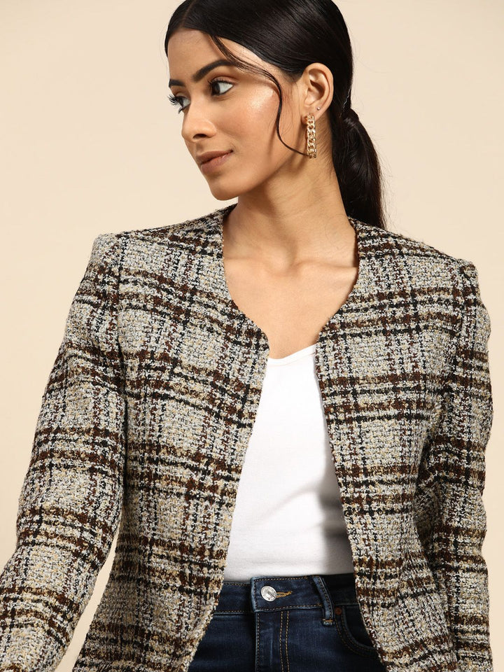 all about you Women Brown White Checked Open Front Jacket