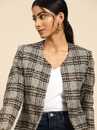 all about you Women Brown White Checked Open Front Jacket