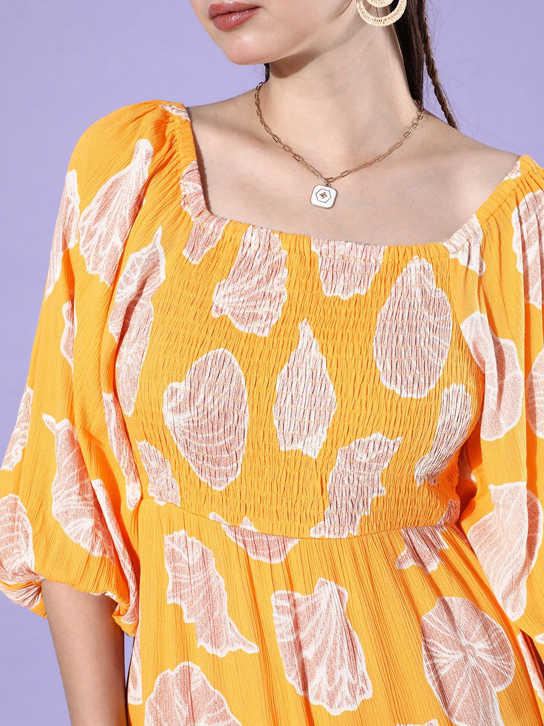 all about you Printed Puff Sleeve Romance Ramble-Decorative Smocking A-Line Dress