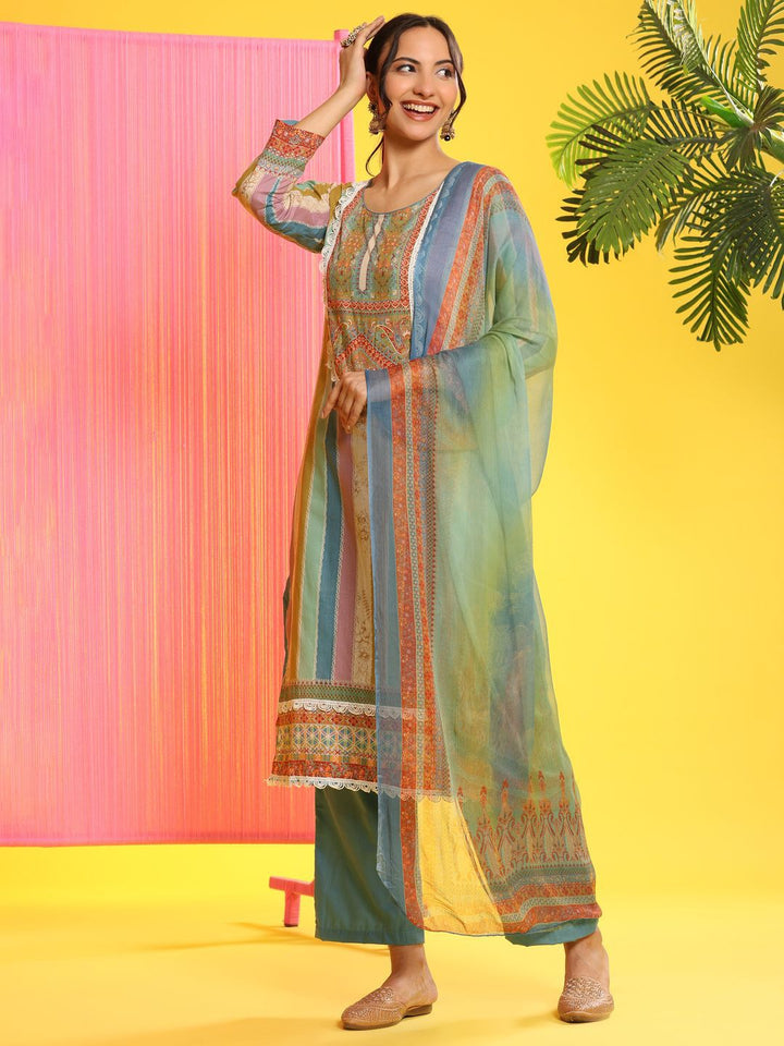 Mamicha Women Striped Printed Kurta With Trousers And Dupatta