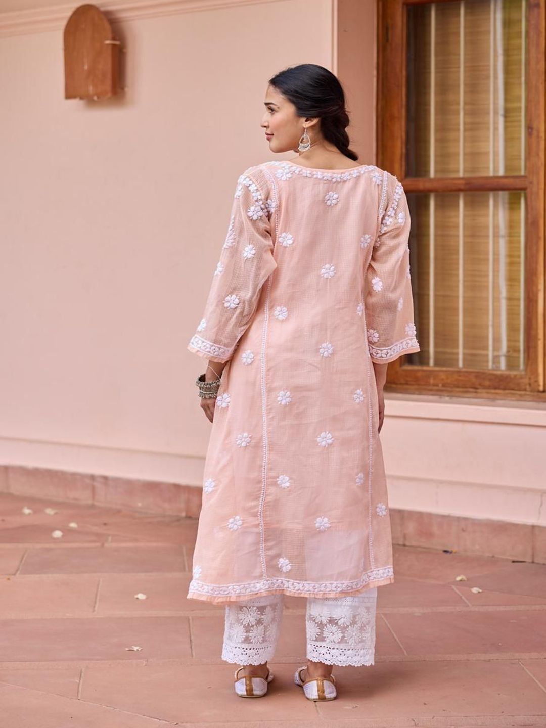 House of Chikankari Women Peach Kota Chikankari Embroidered Kurta