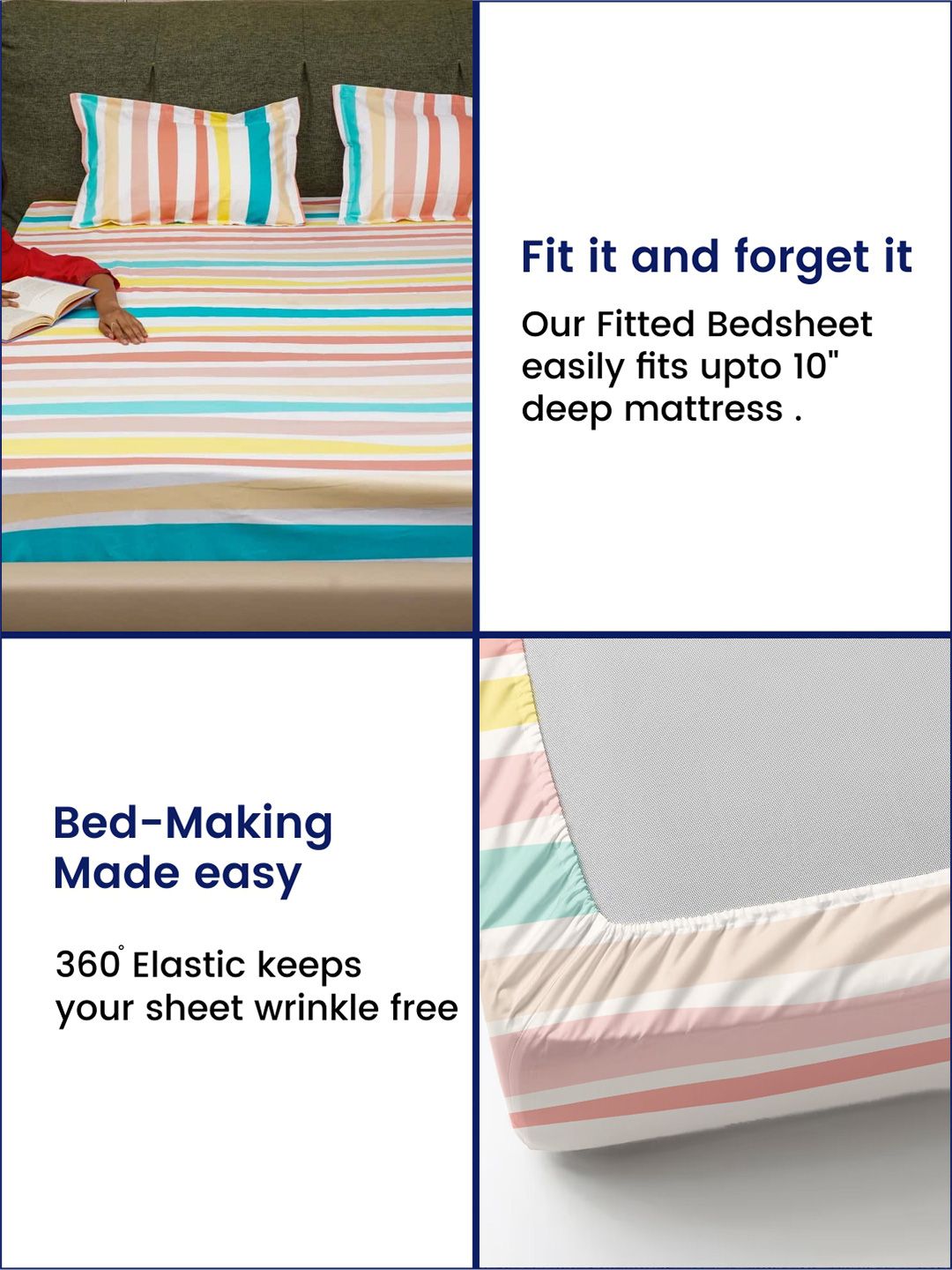 URBAN SPACE Pink & Yellow Striped 200 TC Queen Bedsheet with 2 Pillow Covers