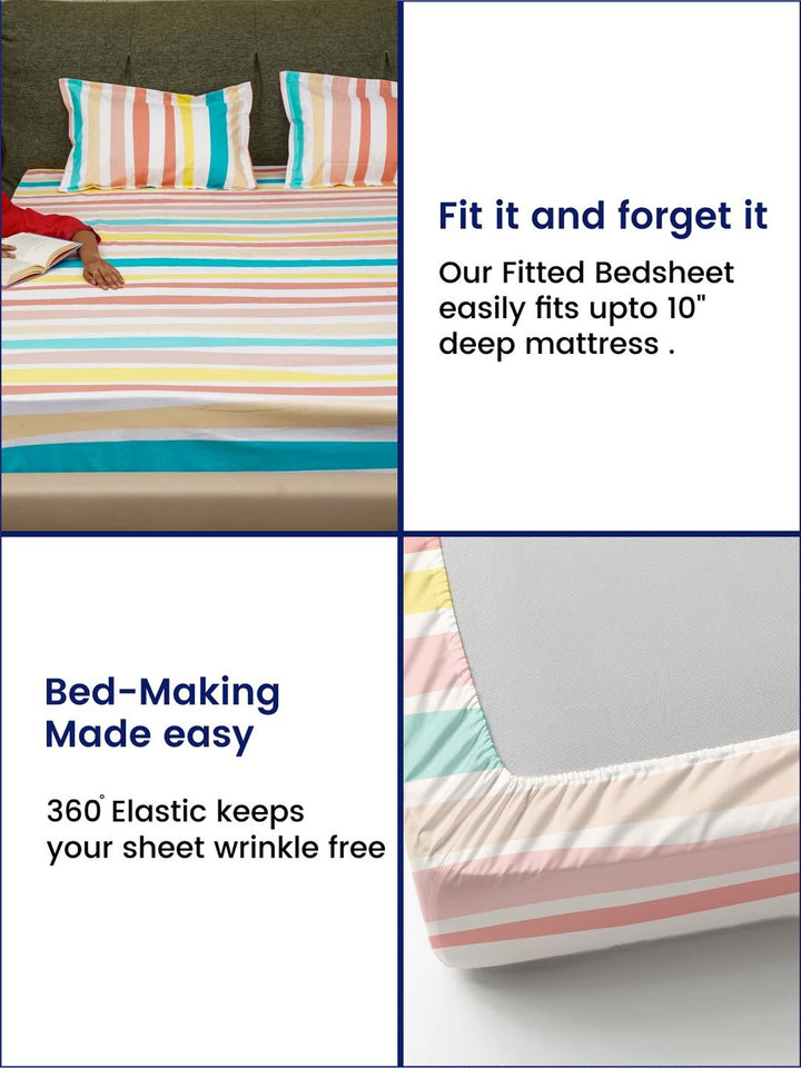 URBAN SPACE Pink & Yellow Striped 200 TC Queen Bedsheet with 2 Pillow Covers
