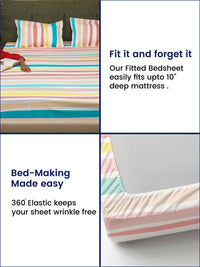 URBAN SPACE Pink & Yellow Striped 200 TC Queen Bedsheet with 2 Pillow Covers