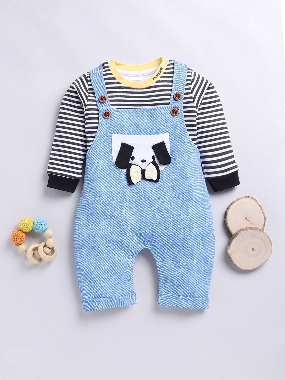Moms Love Infants Boys Pure Cotton Dungaree With Striped T-Shirt