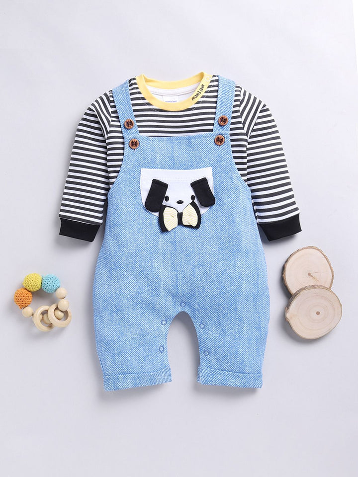 Moms Love Infants Boys Pure Cotton Dungaree With Striped T-Shirt