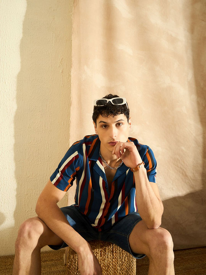 DENNISON Smart Oversized Striped Cuban Collar Casual Shirt