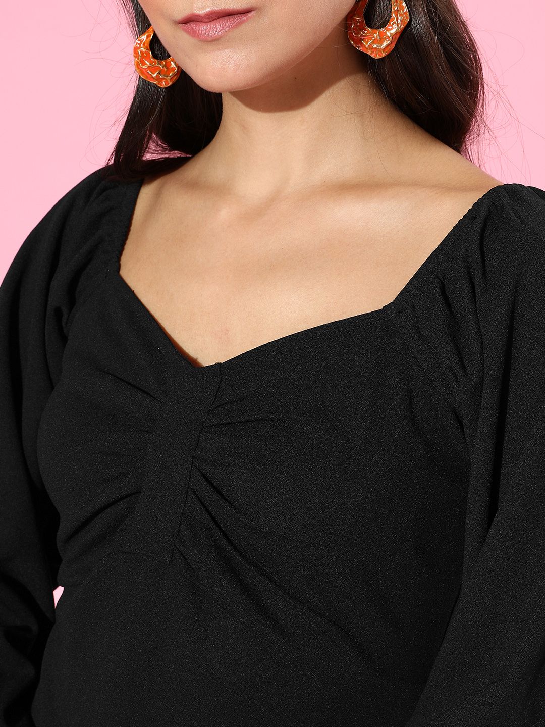 SASSAFRAS Women Stylish Black Solid Puff Sleeves Dress