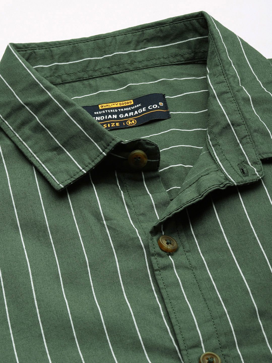 The Indian Garage Co Men Green & White Striped Cotton Casual Shirt