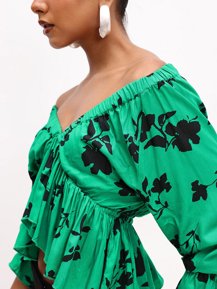 DressBerry leafy Floral Print Off-Shoulder A-Line Top