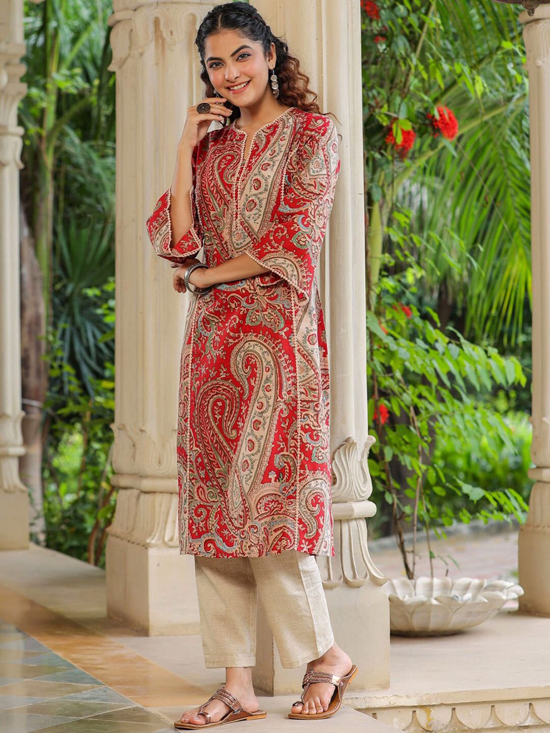 Rain & Rainbow Ethnic Motifs Printed Notched Neck Straight Pure Cotton Kurta