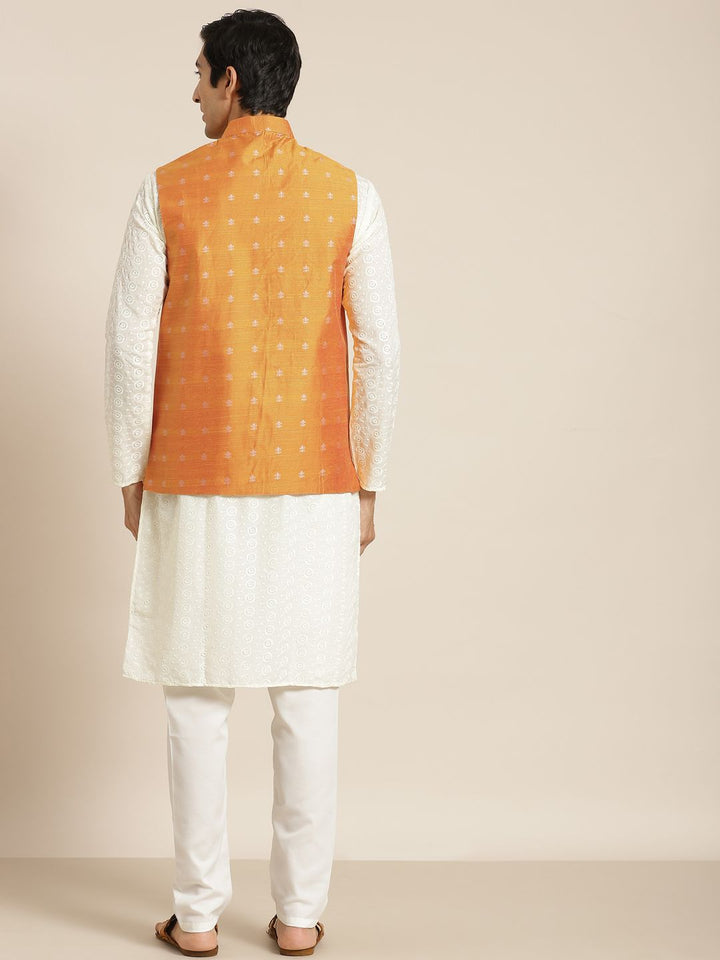 SOJANYA Men Cream-Coloured Chikankari Pure Cotton Kurta with Churidar & Nehru Jacket