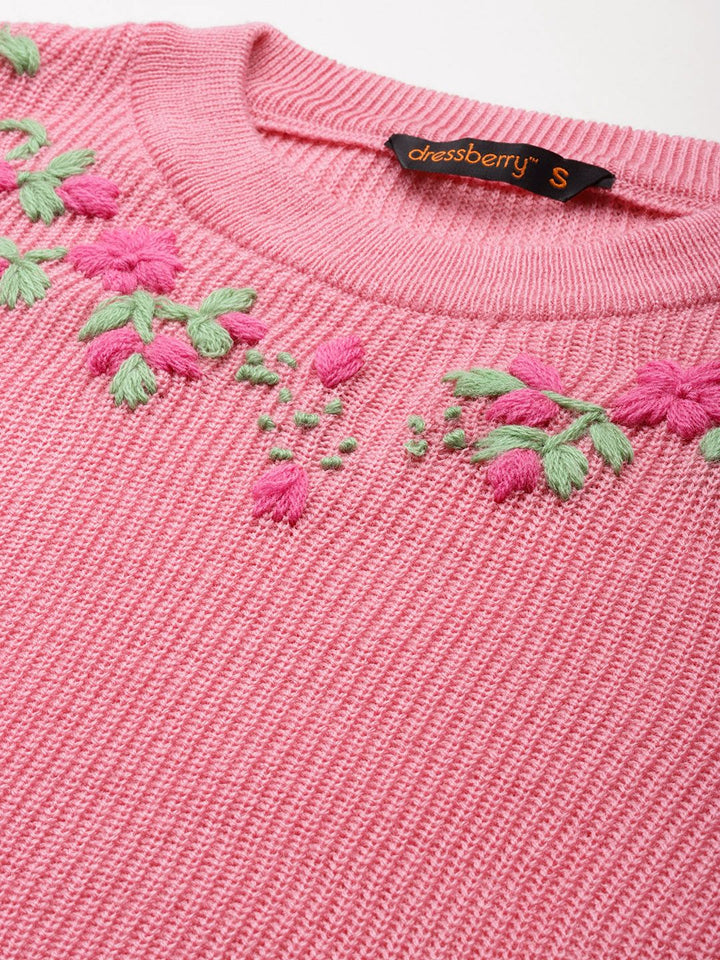 DressBerry Women Floral Embroidered Acrylic Pullover