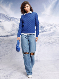 Tokyo Talkies Blue Open Knit Self Design Acrylic Pullover Sweater