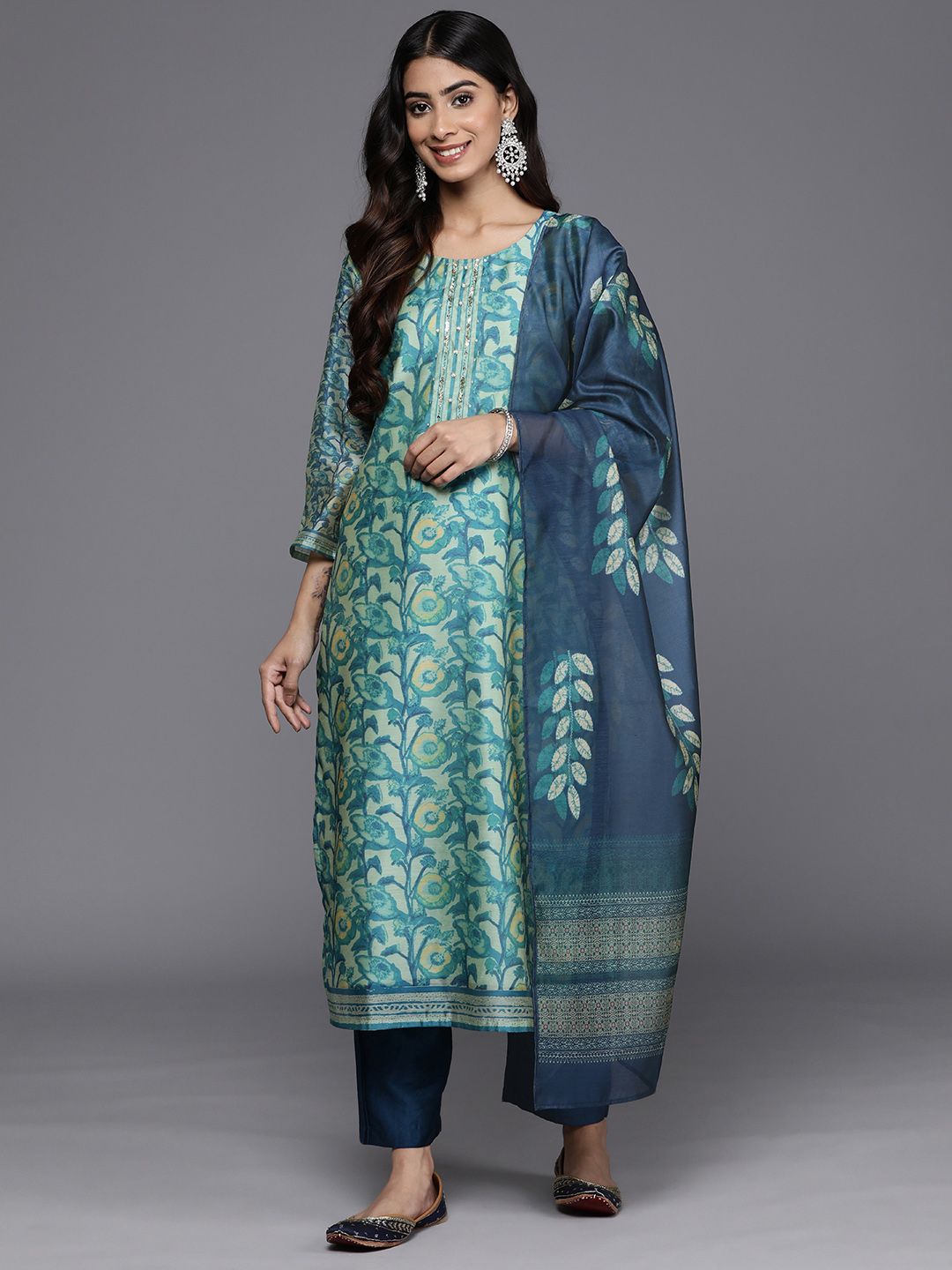 Varanga Sea Green Floral Printed Hand work Kurta with Trousers & Dupatta