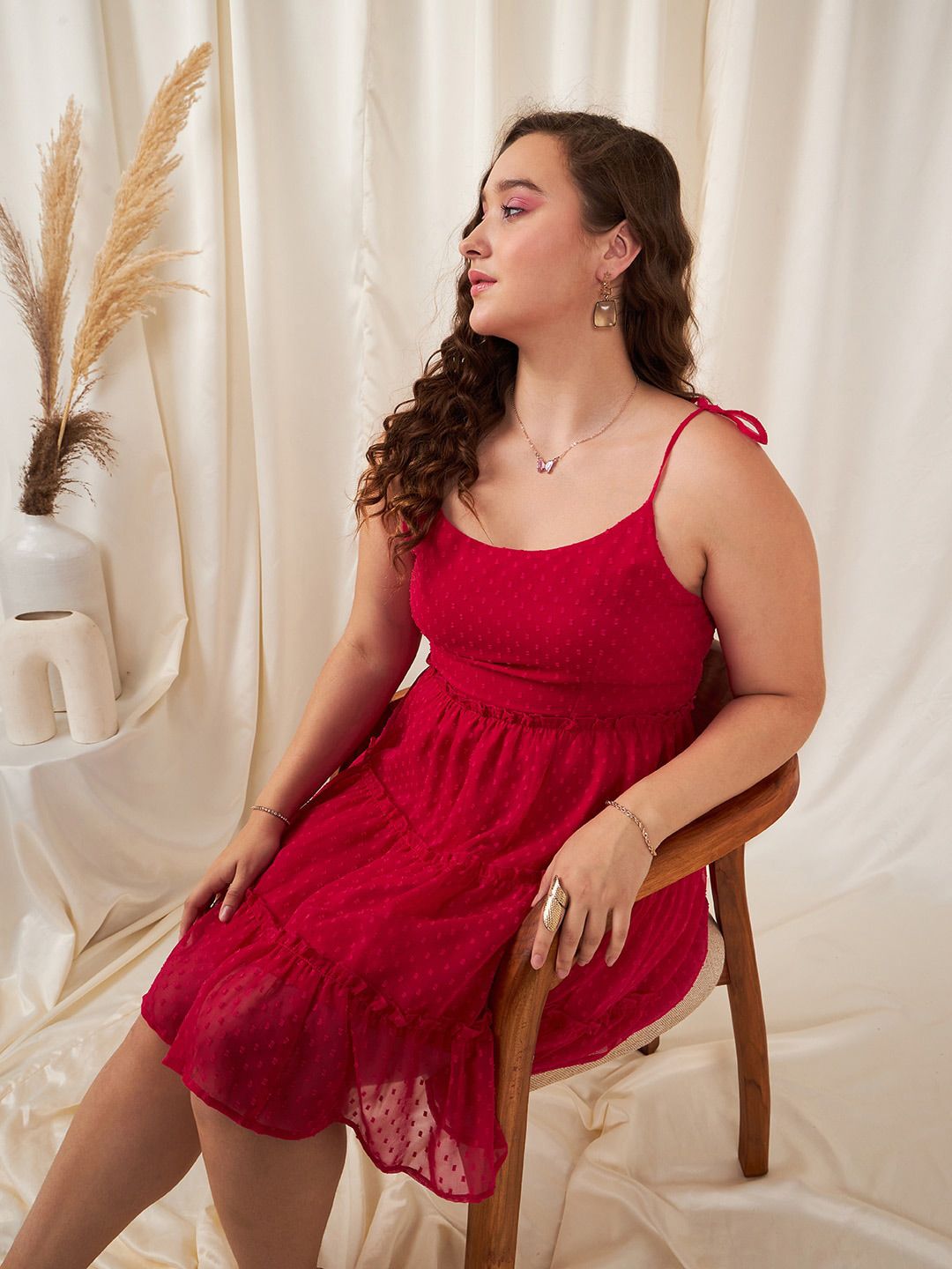 Berrylush Curve Plus Size Pink Self Design Shoulder Sraps Tiered Smocked Fit & Flare Dress